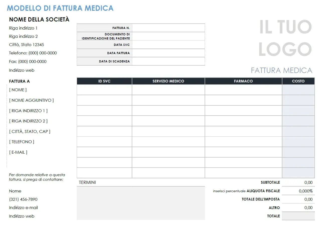 Modello di fattura medica con campi per dati società, paziente, servizi medici, farmaci e costi. Utile come fac simile fattura sostituzione medico di base.