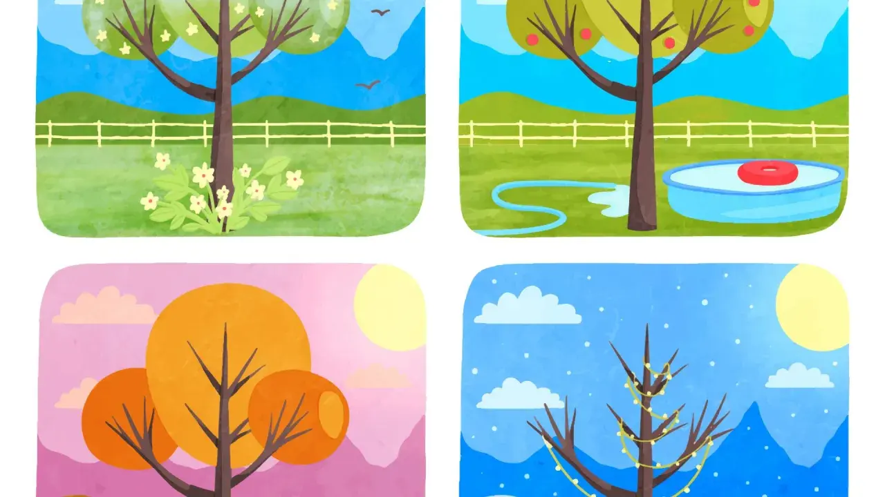 Ilustración del orden de las estaciones del año: árbol con flores (primavera), con manzanas y piscina (verano), con hojas naranjas (otoño) y con luces (invierno).