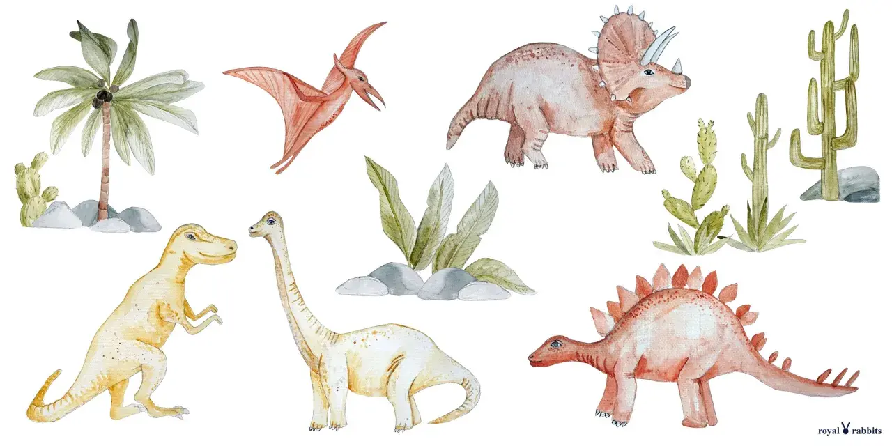 Urocze naklejki na ścianę dinozaury: T-Rex, Triceratops, Diplodok, Pterodaktyl i Stegozaur wśród palm i kaktusów.