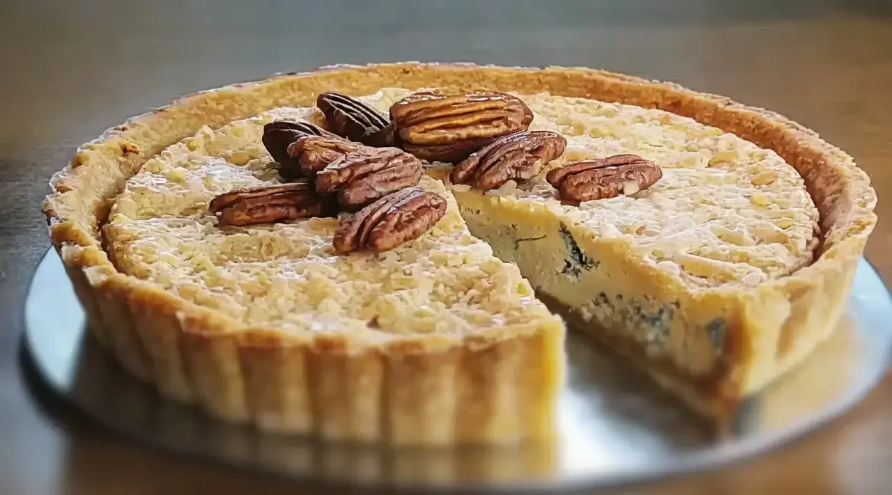 Une part de quiche au bleu, garnie de noix de pécan, sur une assiette.