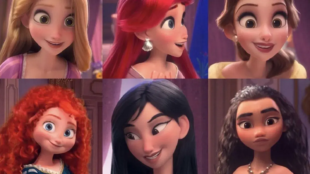 Seis princesas Disney modernas: Rapunzel, Ariel, Bella, Mérida, Mulán y Moana, cada una con su estilo único.