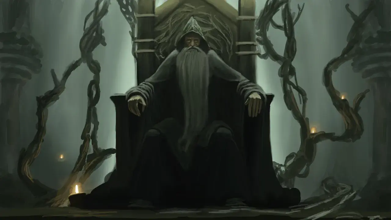 Stary czarodziej z długą brodą siedzi na tronie, otoczony przez pnącza i świece. Inspiracja dla Wizards of the Coast MTG.