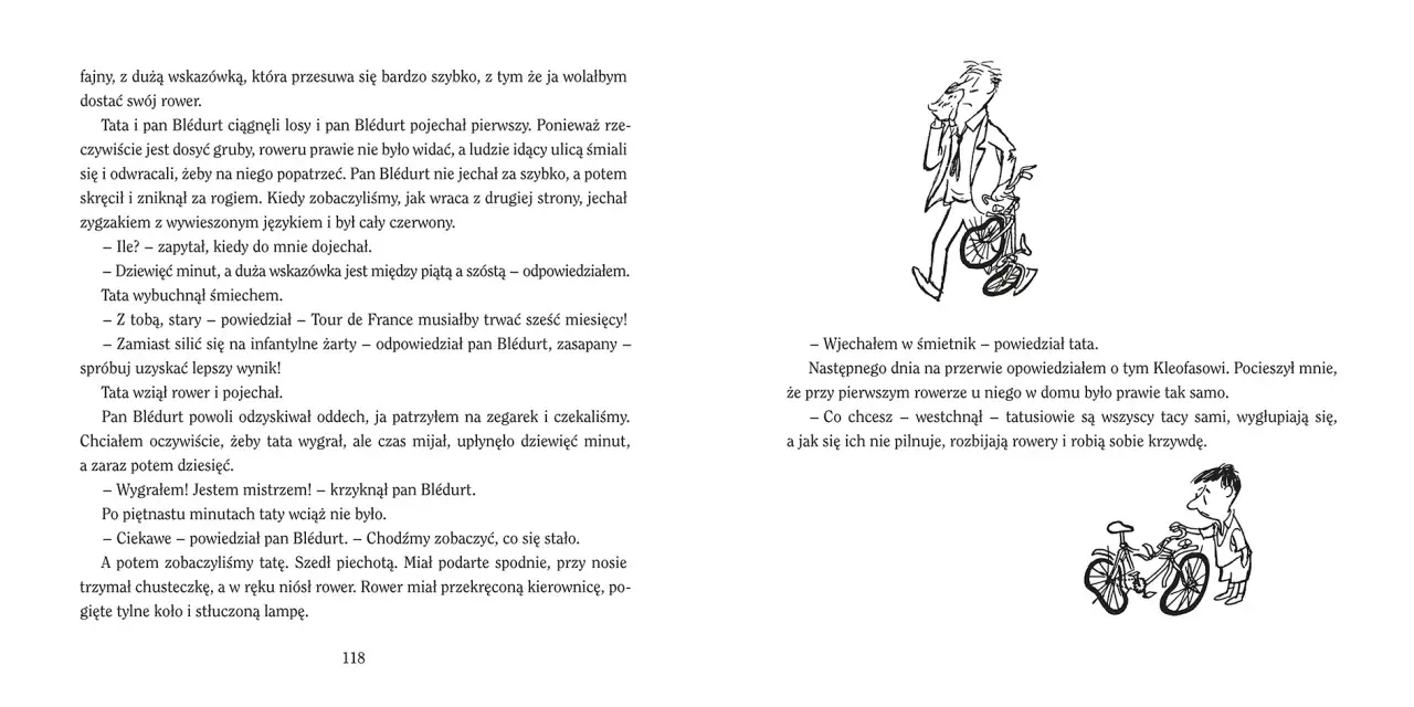 Pan Blédurt, autor Mikołajka, ściga się na rowerze. Dzieci obserwują jego wyczyn.