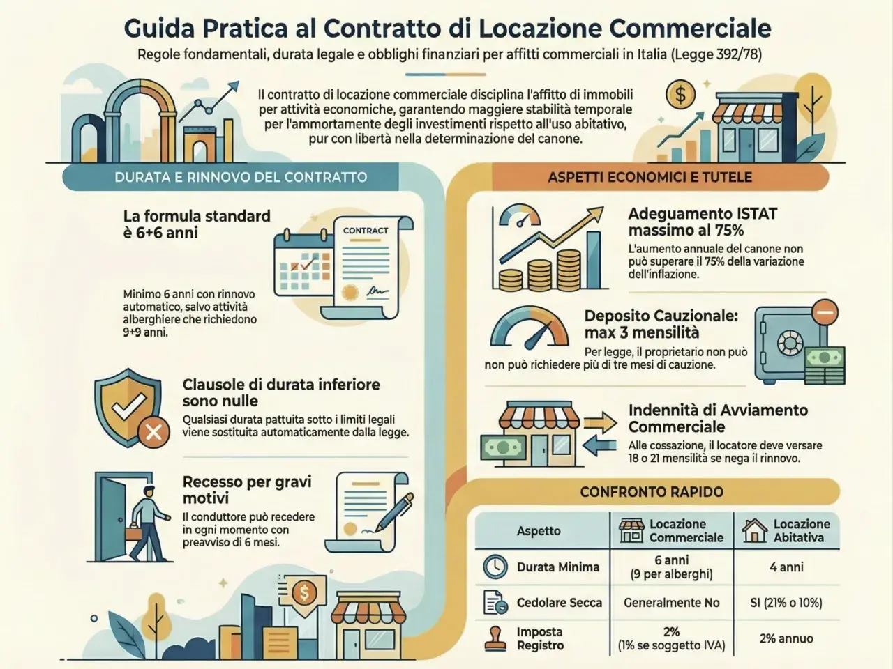 Guida pratica locazione commerciale: durata 6+6 anni, adeguamento ISTAT max 75%. Attenzione all'aumento canone locazione commerciale scadenza contratto.