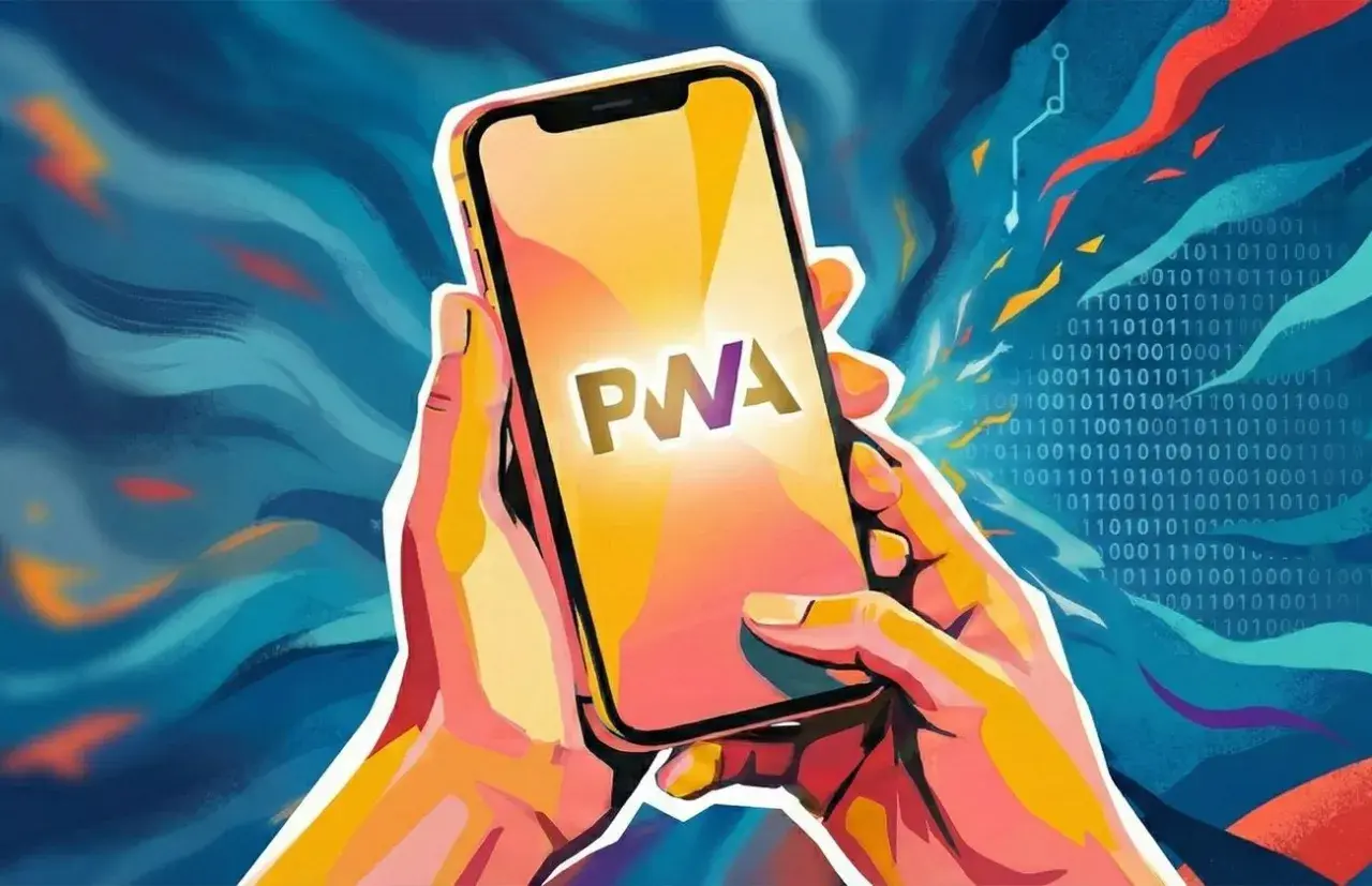 Mains tenant un smartphone affichant "PWA". Une illustration abstraite suggère comment mettre un site en application.