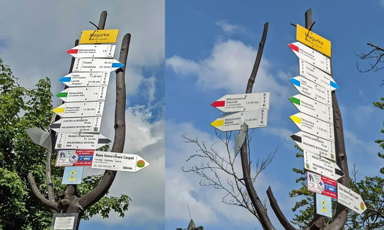 Rozdroże szlaków na Magurce. Wskazówki pokazują drogę do Mikuszowic, Czupel, Straconki, a także Bazy Szturmowej Czupel.