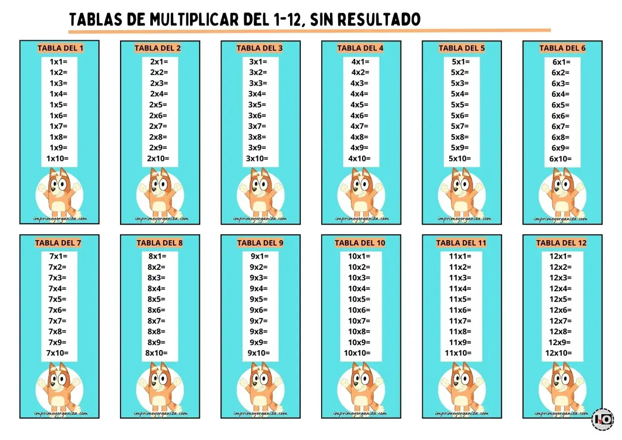 Tablas de multiplicar del 1 al 12, sin resultados, con dibujos de Bluey. Ideal para aprender las tablas de multiplicar.