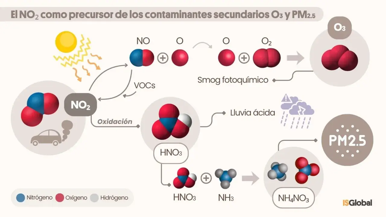 El NO₂ de los coches se oxida y, con la luz solar, genera smog fotoquímico y lluvia ácida, contribuyendo a la nox contaminante y PM2.5.