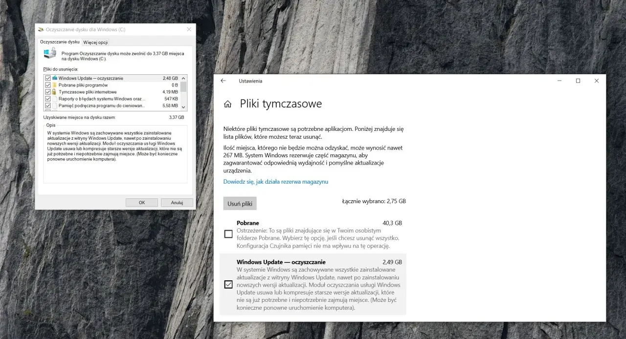 Oczyszczanie dysku Windows: usuń niepotrzebne pliki, jak zwolnić miejsce na dysku. Widoczne okno "Oczyszczanie dysku" i "Pliki tymczasowe".