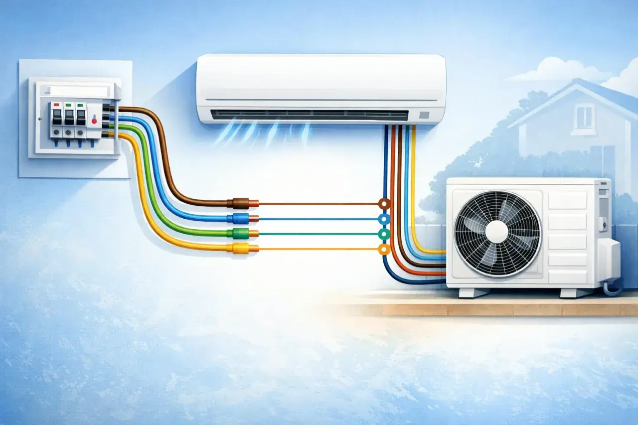 Diagrama de instalación de aire acondicionado, mostrando la unidad interior, exterior y el panel eléctrico. El cambio del compresor aire acondicionado es un paso clave.