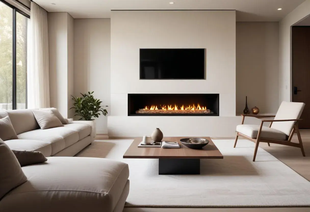 Ett modernt vardagsrum med en elegant inbyggnadskamin som ger värme och atmosfär. En bekväm soffa och en fåtölj inbjuder till avkoppling.