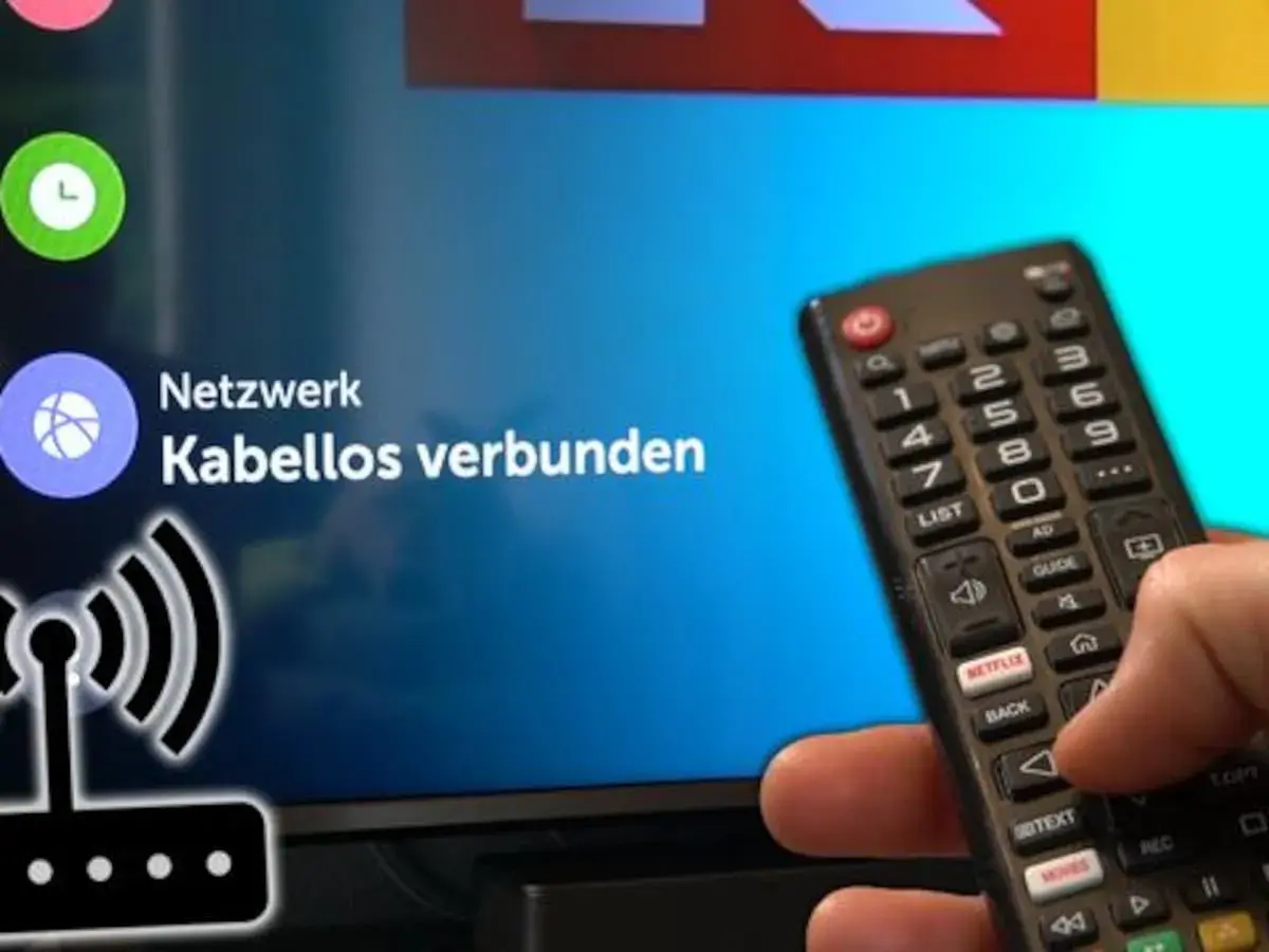 Fernseher mit Router verbinden ohne Kabel: Ein Smart-TV-Menü zeigt "Netzwerk Kabellos verbunden" an, während eine Hand eine Fernbedienung hält.