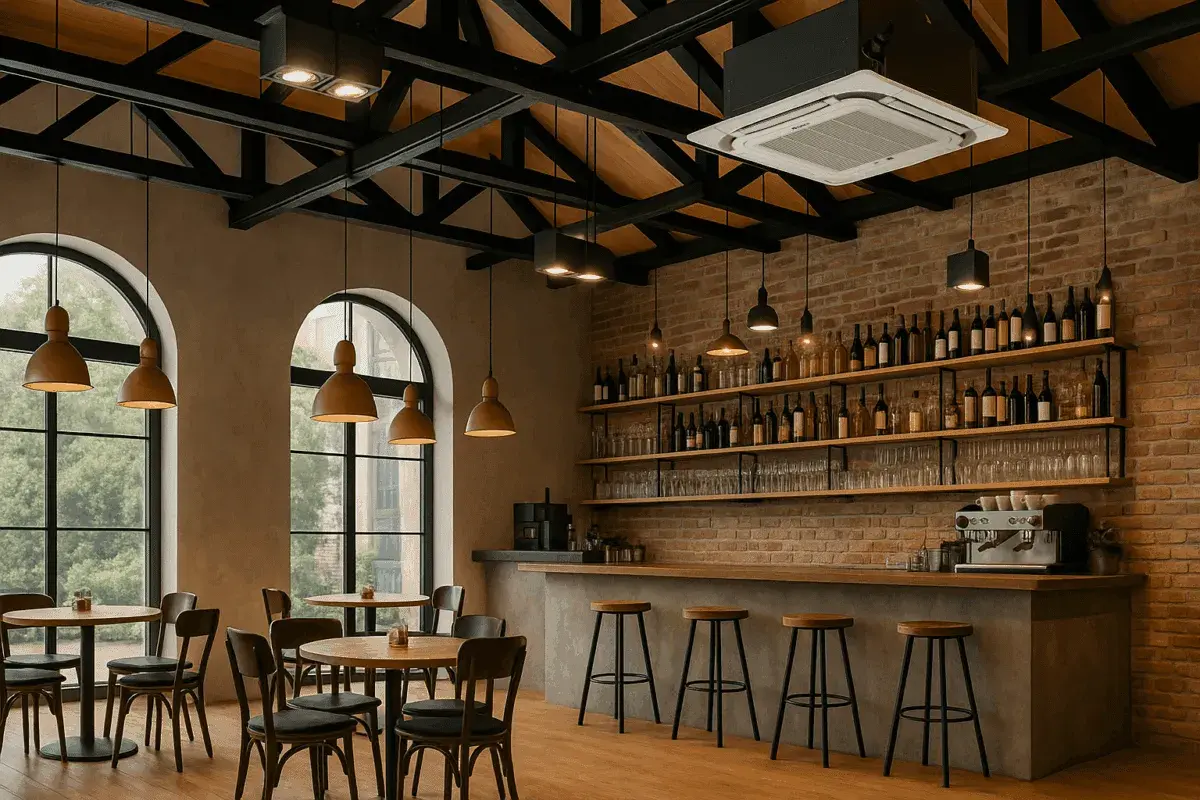Interior de un bar con mesas, sillas, barra, estanterías llenas de botellas y un aire acondicionado en el techo, creando un ambiente de local climatizado.