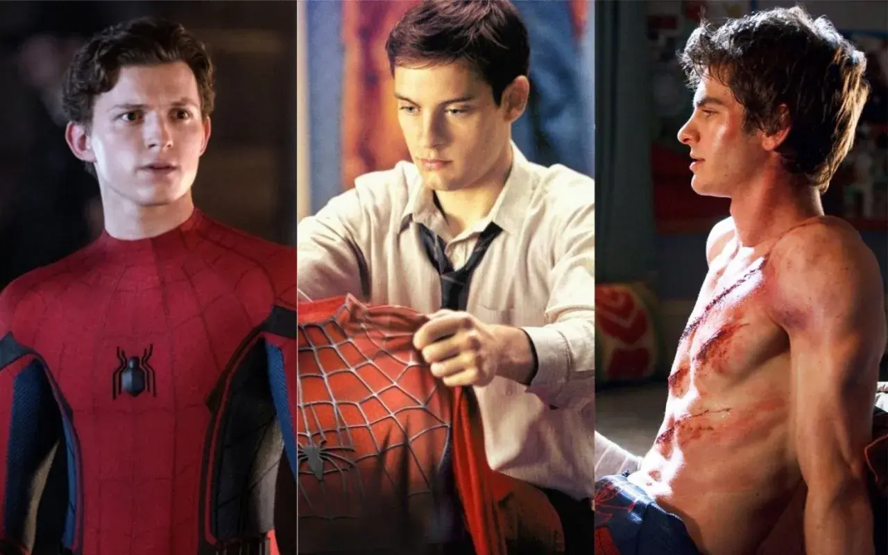 Trois acteurs de Spiderman : Tom Holland, Tobey Maguire et Andrew Garfield, montrant leurs costumes ou leurs blessures.