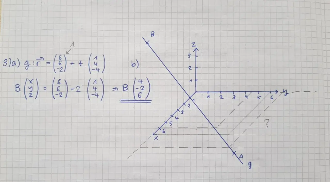 Mathematische Aufgabe: Schnittpunkt Gerade Ebene. Vektorgleichung einer Geraden und Koordinaten eines Punktes B.