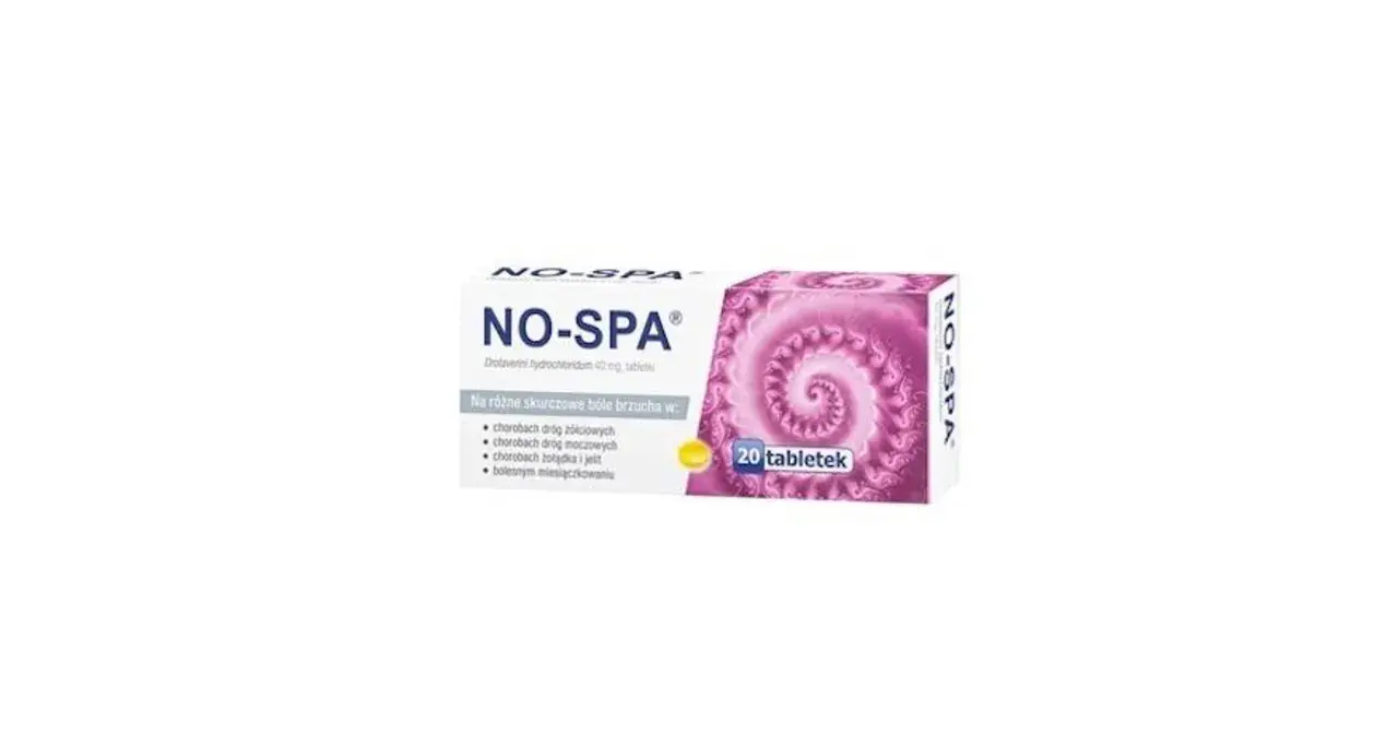 Opakowanie leku NO-SPA forte z 20 tabletkami, wskazane na bóle brzucha, np. przy bolesnym miesiączkowaniu.