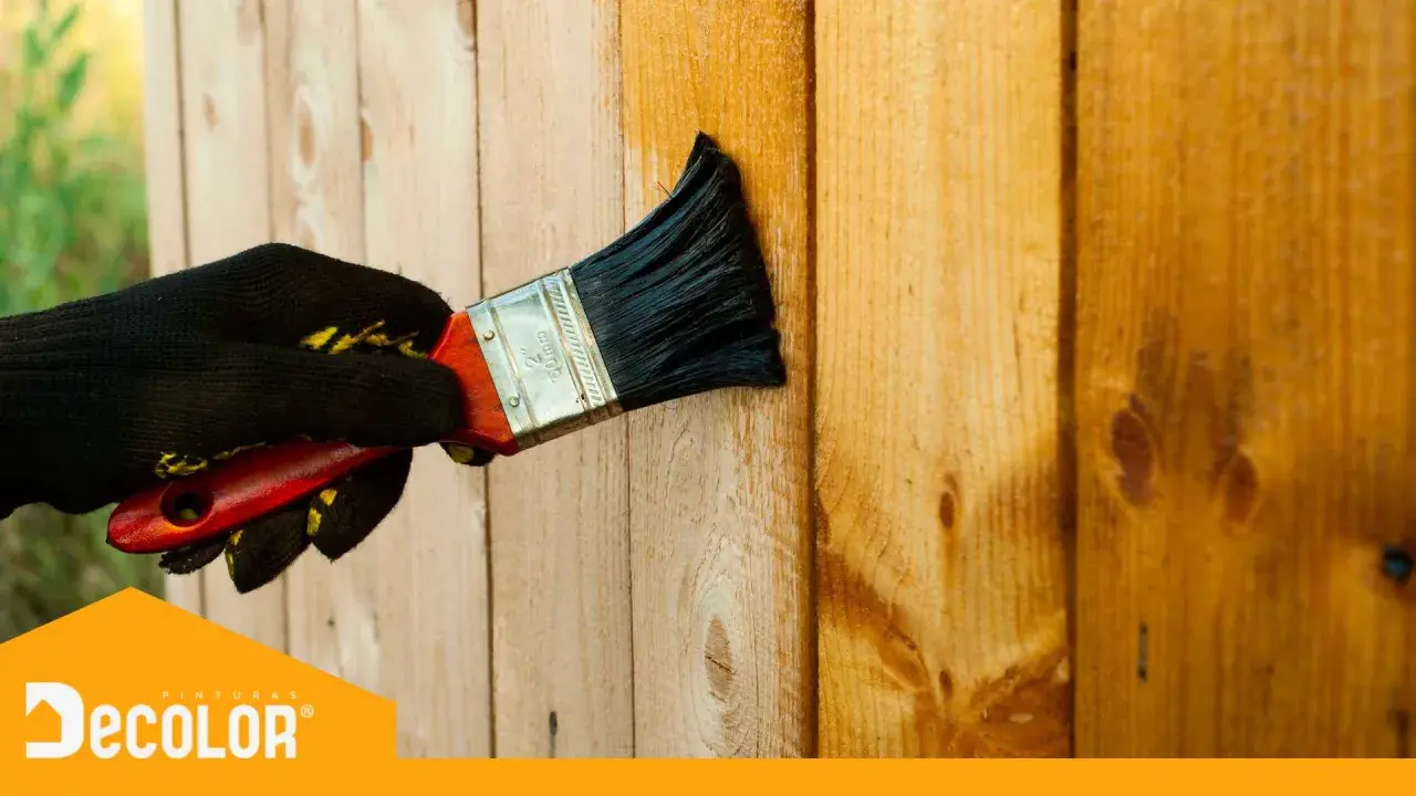 Mano enguantada aplica barniz a madera. Descubre con qué pintura se pinta la madera para protegerla y embellecerla.