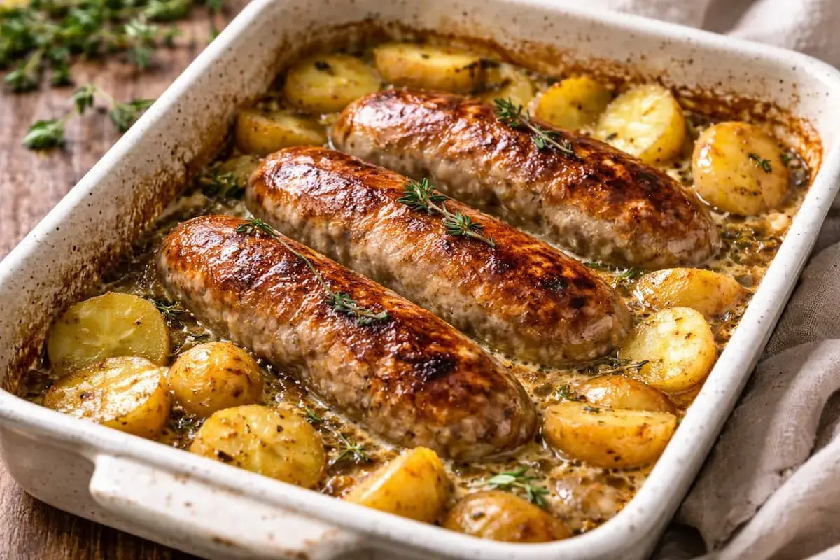 Trois saucissons à cuire dorés, accompagnés de pommes de terre au four coupées en rondelles, le tout dans un plat en céramique.
