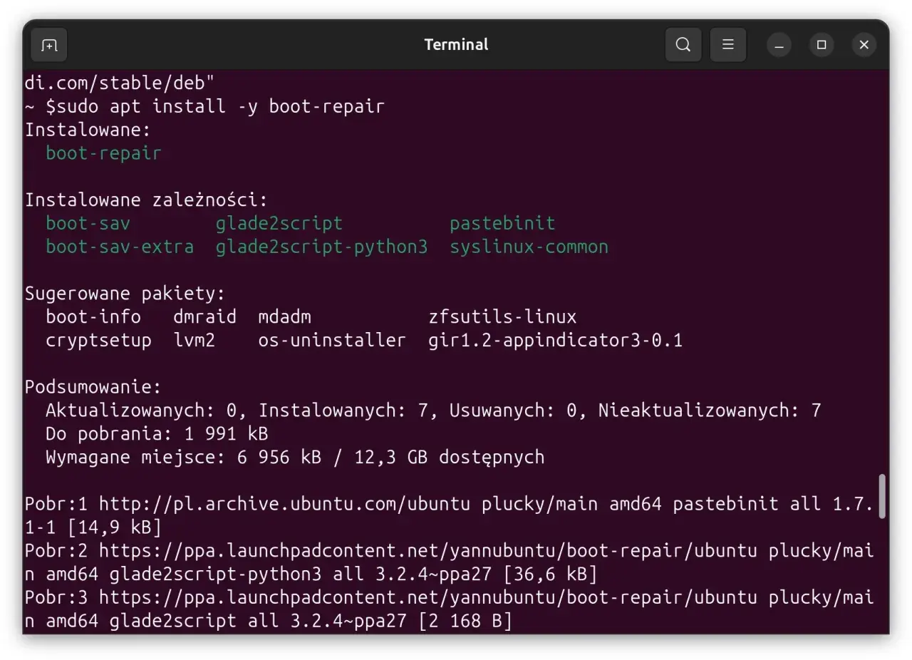 Instalacja pakietu boot-repair w terminalu. Wymagane pliki są pobierane, aby zapewnić prawidłowe działanie narzędzia do naprawy rozruchu.