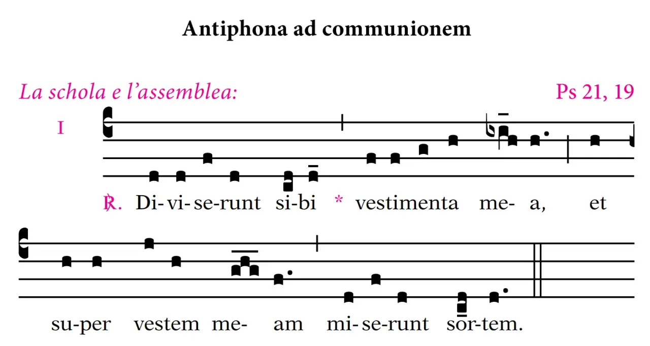 Antyfona "Di-vi-se-runt si-bi vestimenta me-a" z nutami. Tekst dla scholi i zgromadzenia.