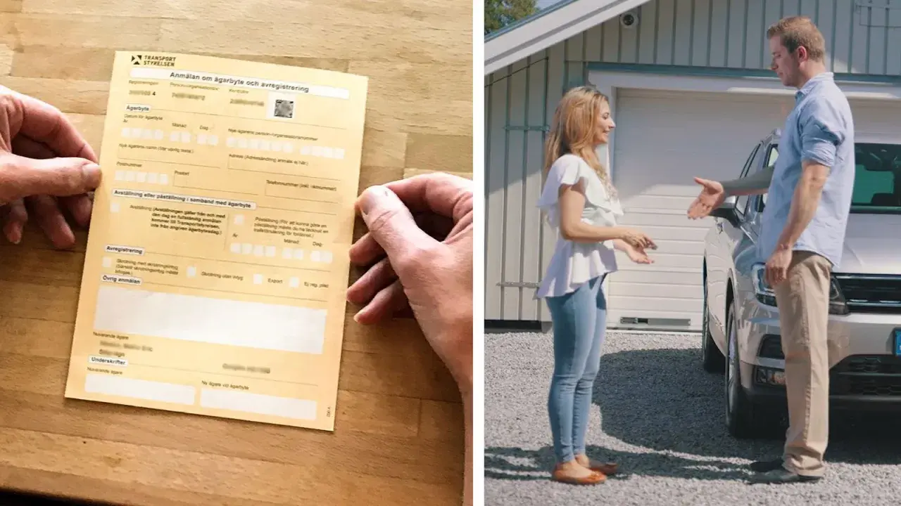 Här visas en anmälan om ägarbyte. Denna del av registreringsbeviset ska vara i bilen vid ägarbyte.