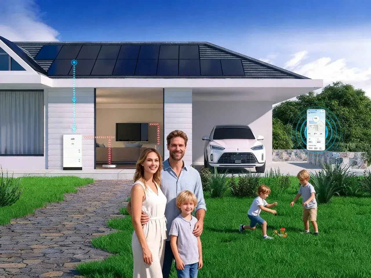 Famiglia felice davanti a casa con pannelli solari e sistema di accumulo. Gestione energetica intelligente con il fotovoltaico virtuale, visibile da smartphone.