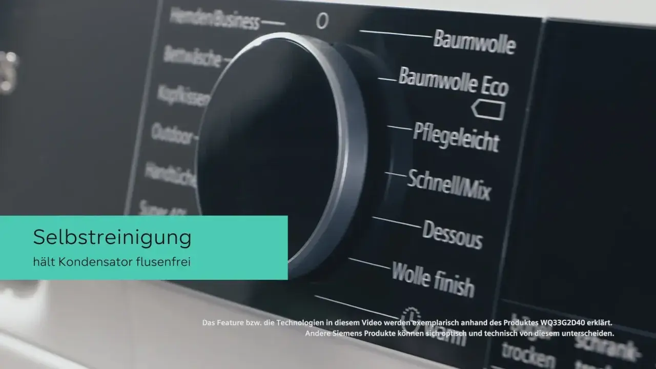 Siemens Trockner Symbole Bedeutung: Das Bedienfeld zeigt Programme wie Baumwolle, Pflegeleicht und Selbstreinigung.