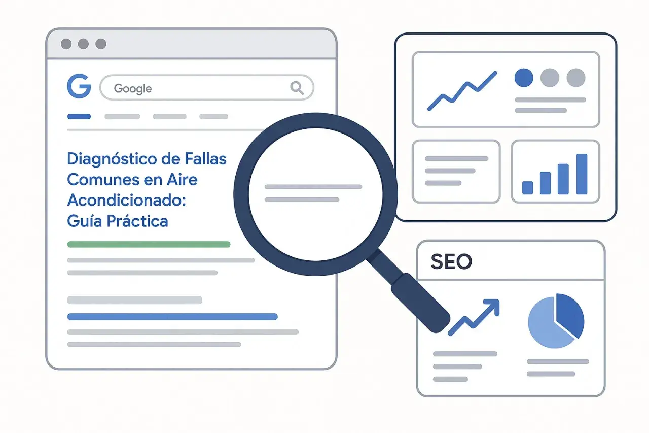 Lupa sobre un resultado de búsqueda de Google para "Diagnóstico de Fallas Comunes en Aire Acondicionado: Guía Práctica", junto a gráficos de SEO.