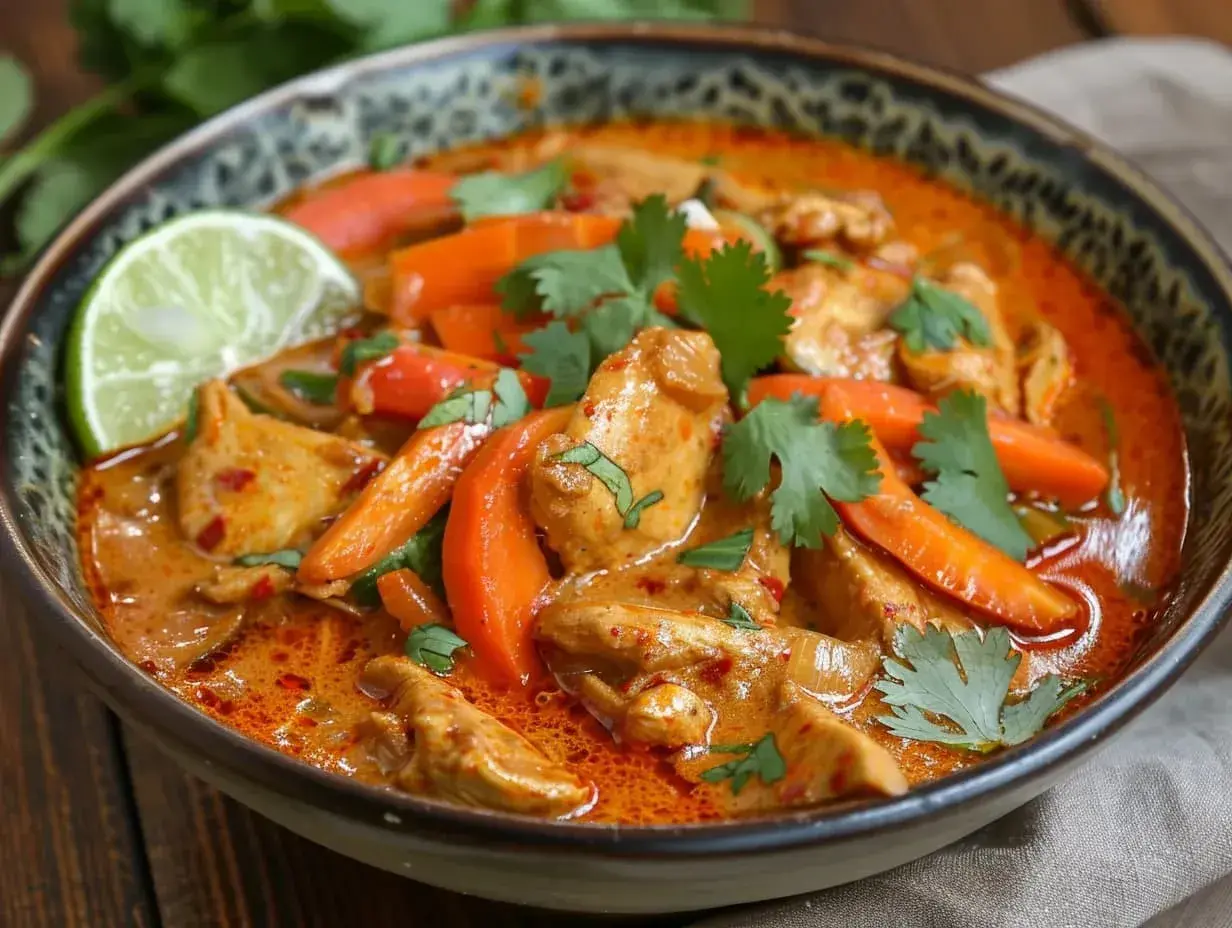 En skål med kyckling i krämig red curry med morötter och lime.