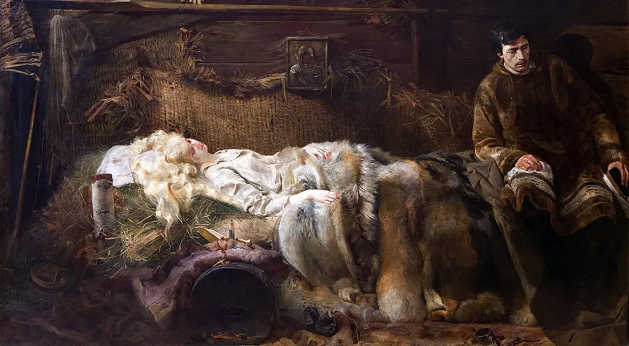 Jacek Malczewski dzieła: mężczyzna czuwa przy śpiącej kobiecie w chatce.