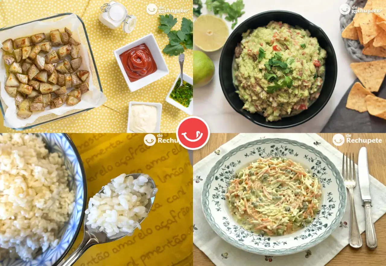 Cuatro guarniciones de verduras: patatas asadas, guacamole, ensalada de col y zanahoria, y arroz blanco.