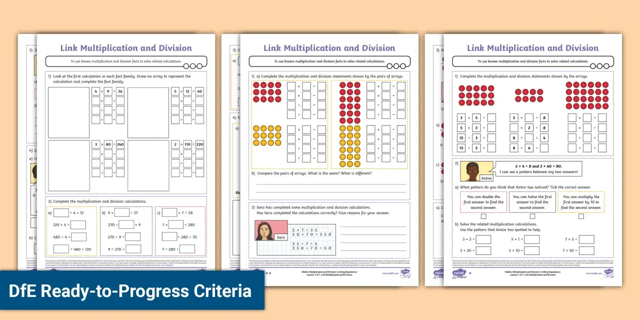 Hojas de trabajo con ejercicios de multiplicaciones y divisiones, incluyendo arrays y resolución de problemas.