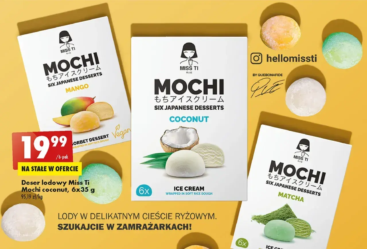 Desery mochi Miss Ti: mango, kokos, matcha. Niskokaloryczna galaretka kcal w delikatnym cieście ryżowym.