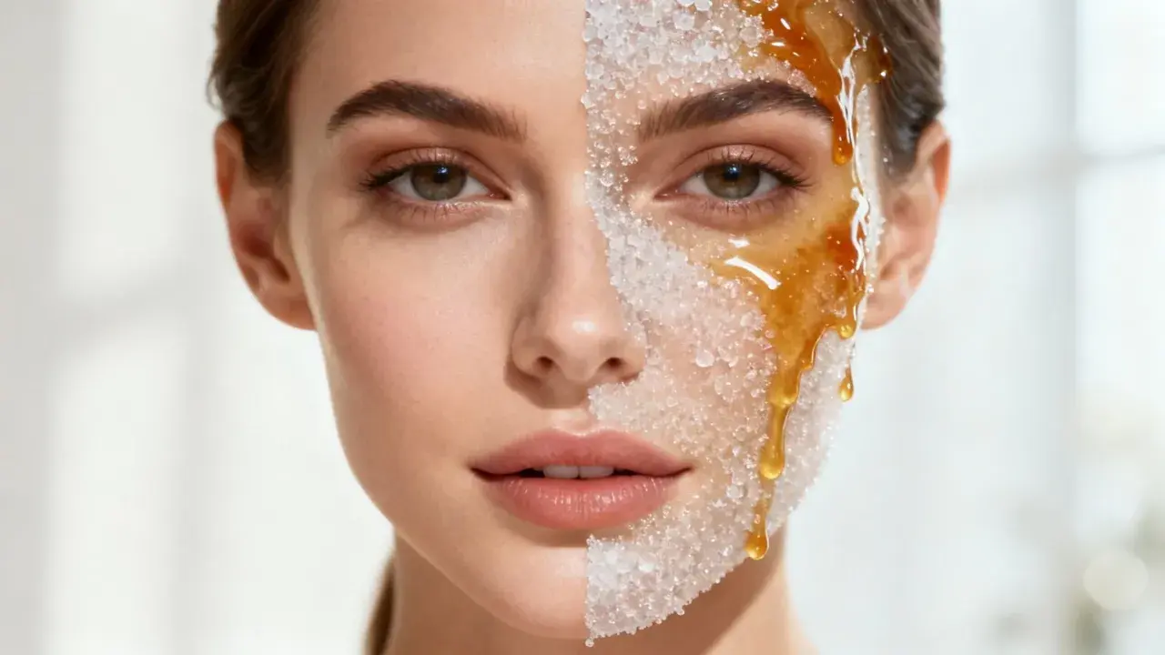 Gesicht einer Frau mit einer Hälfte, die mit Zucker bedeckt ist, und der anderen Hälfte, auf der Honig tropft. Ein süßes Peeling für die verzuckerung der haut.