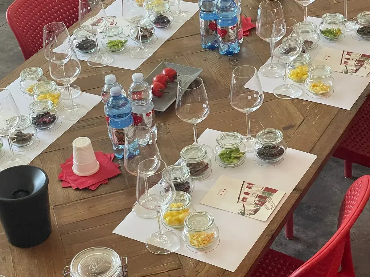 Degustazione al podere conca: bicchieri, vasetti con campioni e bottiglie d'acqua pronti per un'esperienza sensoriale.