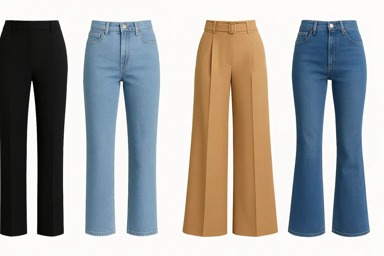 Guide coupe pantalon femme : un pantalon noir, deux jeans bleus et un pantalon camel évasé.