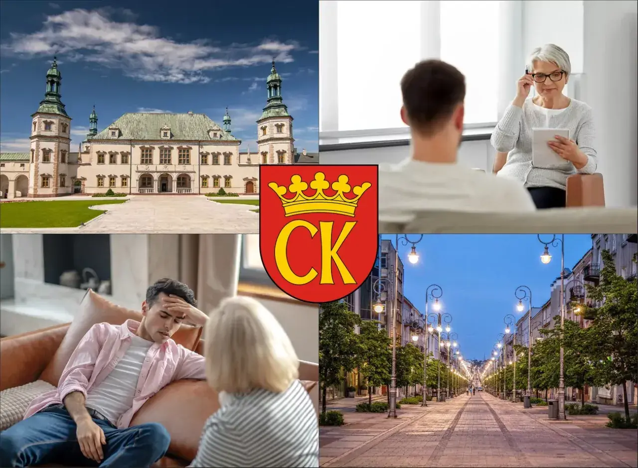 Kielce: pałac, sesja terapeutyczna, herb miasta i ulica.