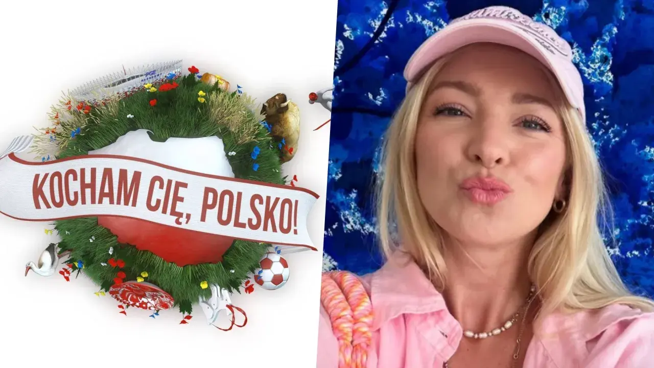 Wieniec z napisem "Kocham Cię, Polsko!" i wizerunek kobiety wysyłającej całusa.