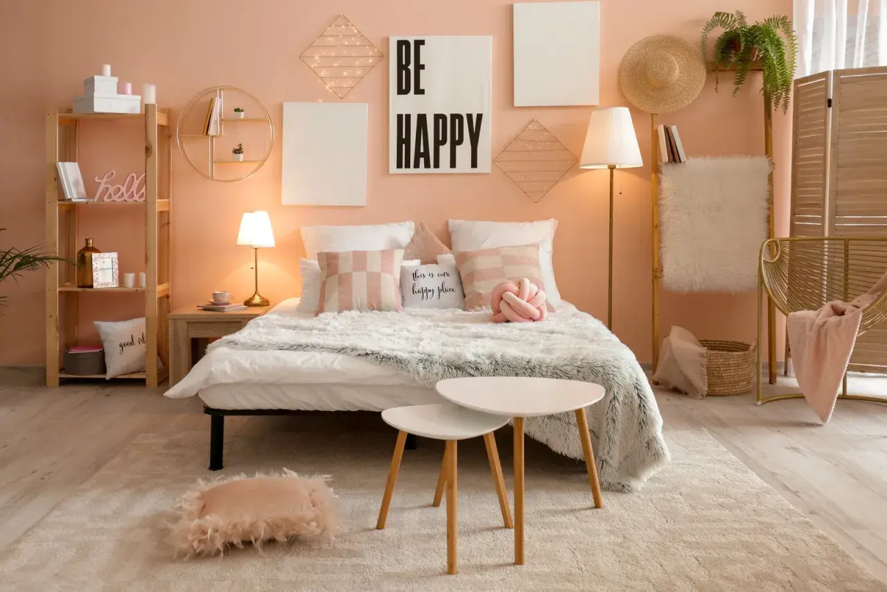 Sypialnia w stylu kawaii: łóżko z puszystymi kocami, poduszki w pastelowych kolorach, dekoracje ścienne z lampkami i napis "BE HAPPY".