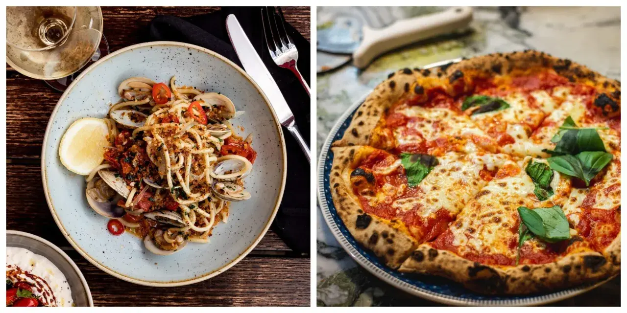 En tallrik italiensk pasta med skaldjur och en pizza Margherita.
