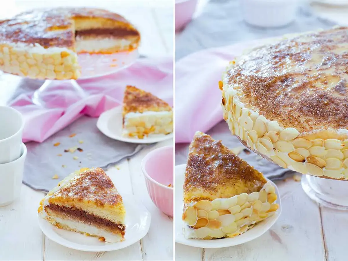Deliciosa tarta San Marcos con capas de bizcocho, crema y cobertura de almendras laminadas. Un postre perfecto para celebrar.