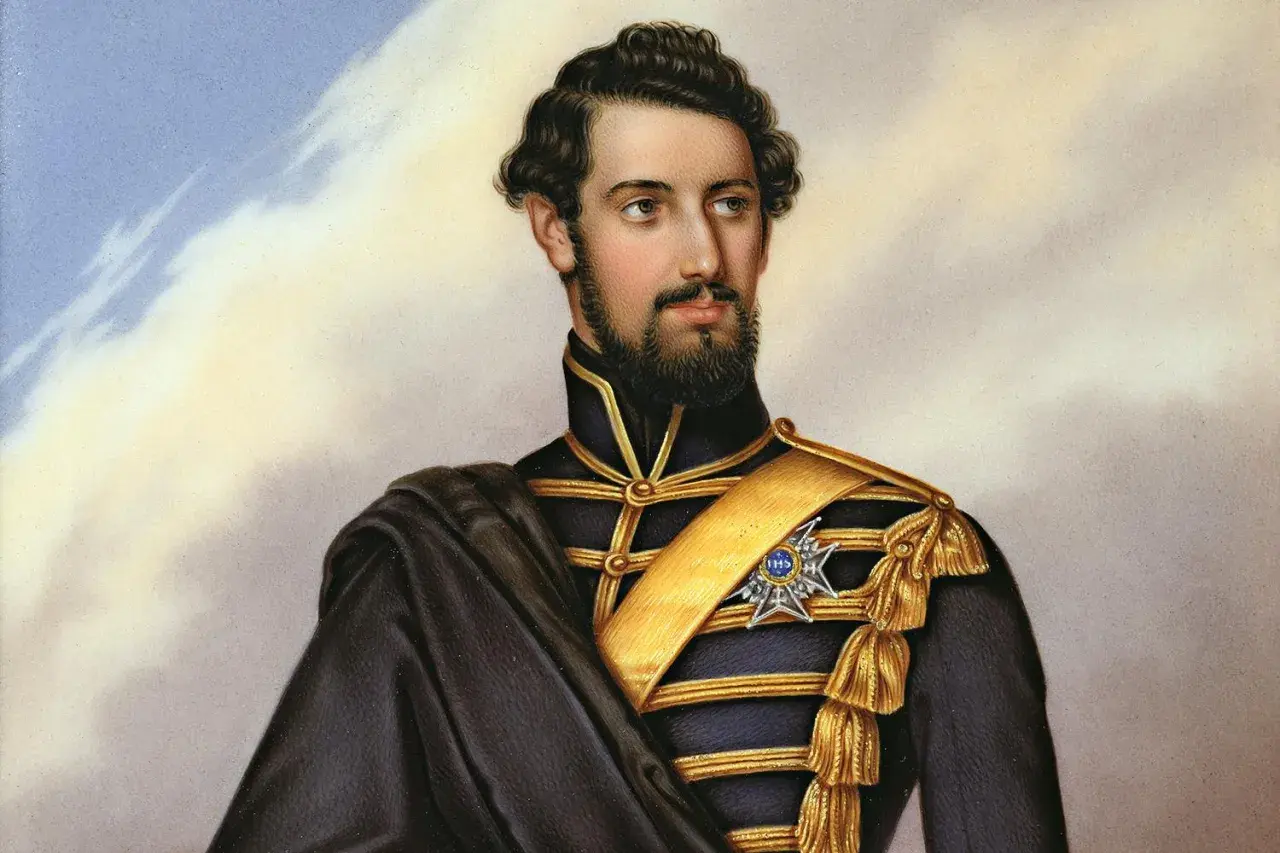 Porträtt av Karl XV i mörk uniform med gulddekorationer och en blå medalj.