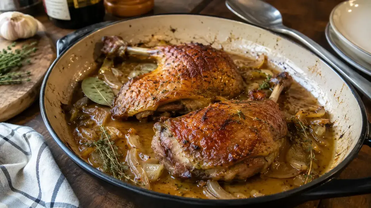 Deux cuisses de canard dorées mijotent dans une sauce savoureuse avec des oignons et des herbes, prêtes à être dégustées.