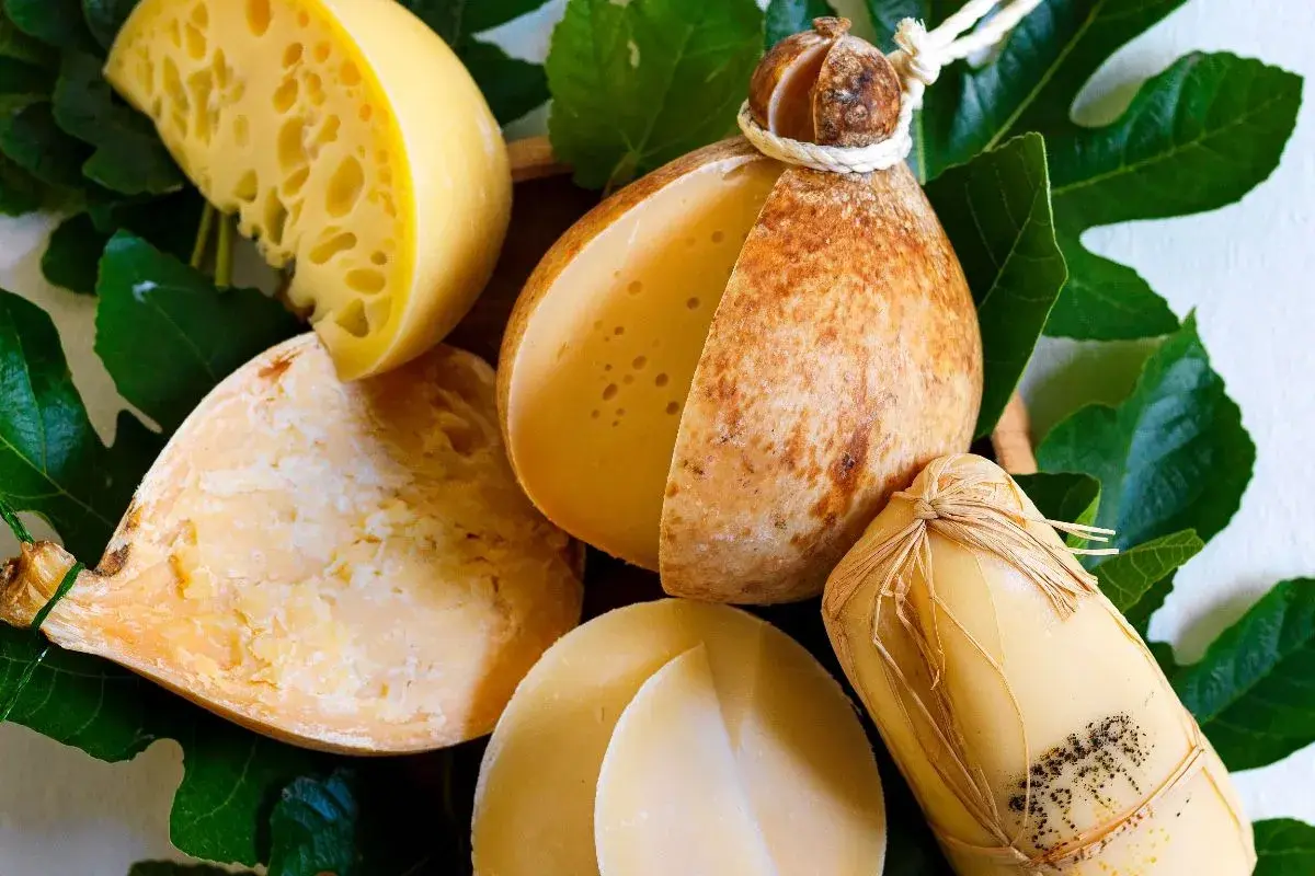 Varietà di formaggio caciocavallo, alcuni interi, altri tagliati, su foglie verdi.