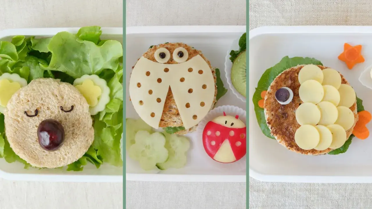 Kreative Pausenbrot Ideen für Kinder: Ein Bär, Marienkäfer und Fisch aus Sandwiches und Gemüse.