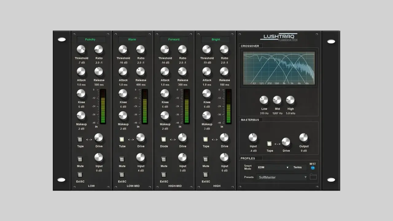 A free multiband compressor interface with four bands: Punchy, Warm, Forward, and Bright. Includes crossover and masterbus controls.