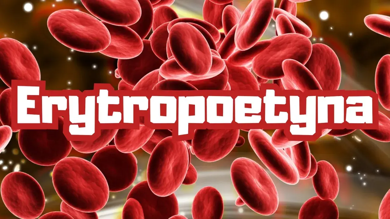 Czerwone krwinki unoszą się w tle, a na pierwszym planie napis "Erytropoetyna".