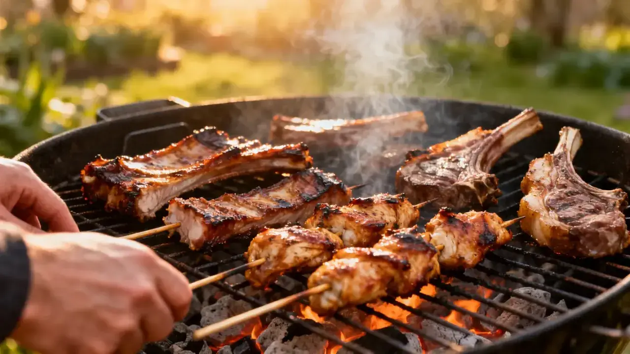 Des côtelettes d'agneau et des brochettes de poulet grillent sur un barbecue, dégageant une fumée alléchante. Un délice d'agneau barbecue en plein air.