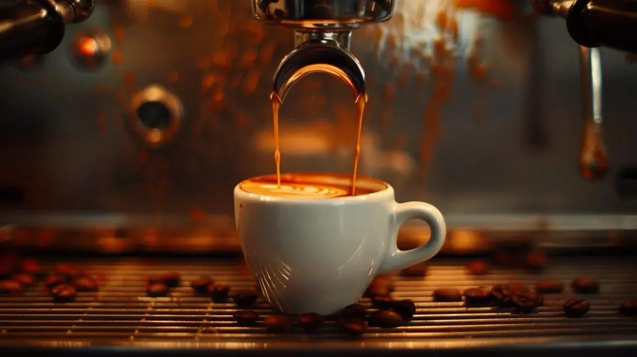 Frisch gebrühter Espresso fließt in eine Tasse, das perfekte Espresso Rezept. Kaffeebohnen liegen auf dem Gitter.