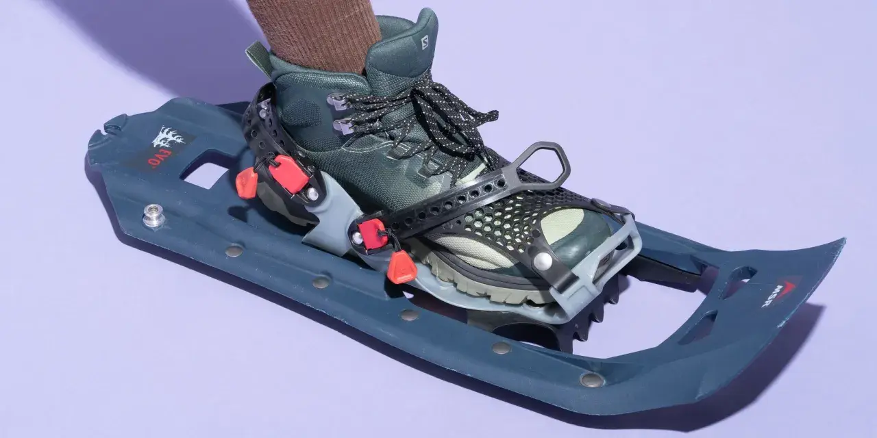 A boot is attached to a snowshoe. You do not need special boots for snowshoes; hiking boots work well.